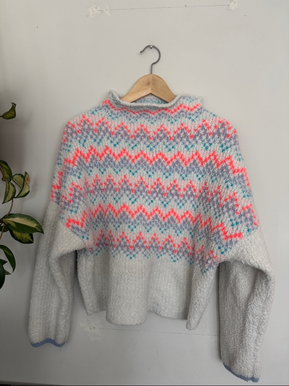 Anthropologie Ivory Crewneck Sweater with Pink & Blue Fair Isle Yoke